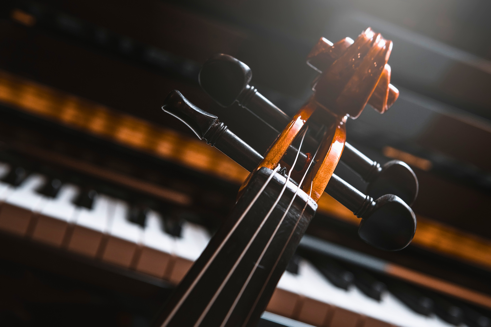 Violin scroll resting on organ keys